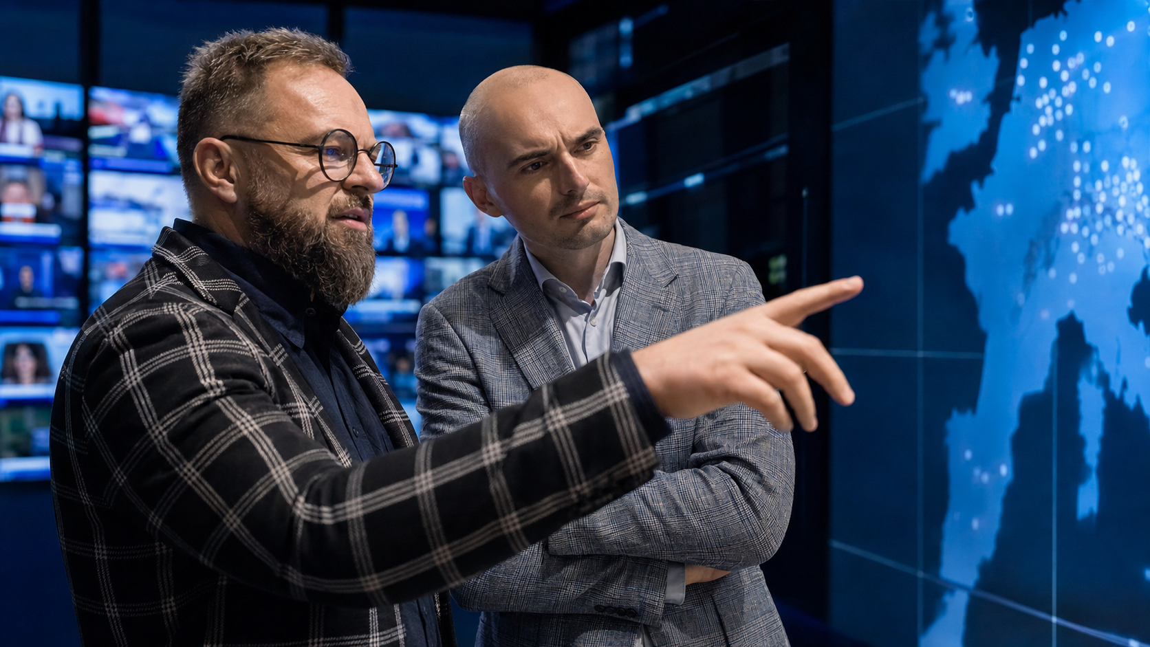 Michał Winnicki i Karol Warda podczas rozmowy o rozwoju sieci nadawczej — wizualizacja