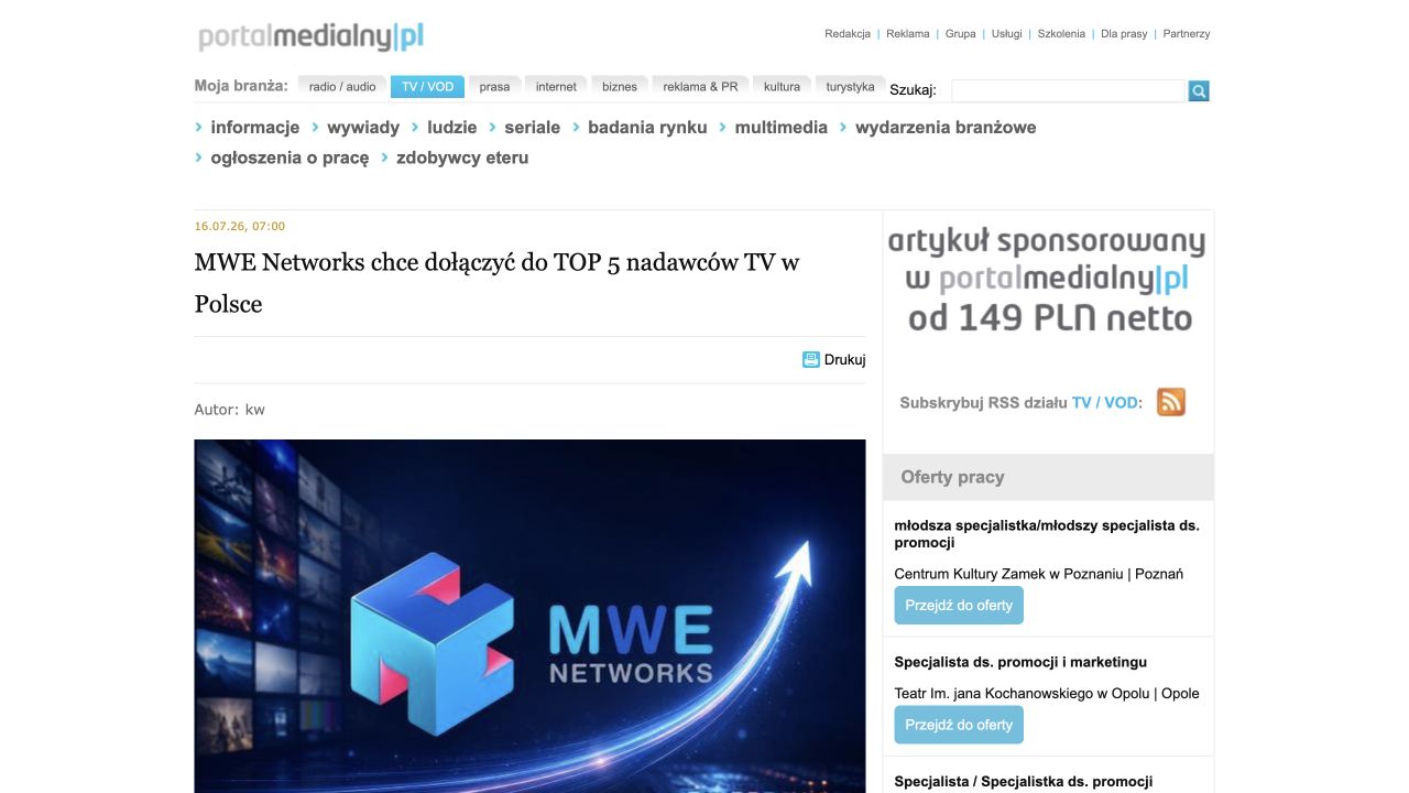 Publikacja: MWE Networks chce dołączyć do TOP 5 nadawców TV w Polsce