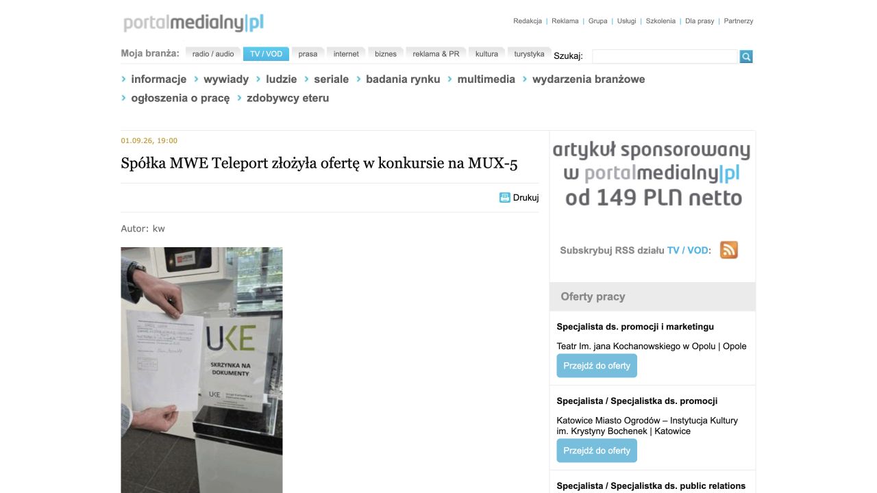 Publikacja: Spółka MWE Teleport złożyła ofertę w konkursie na MUX-5