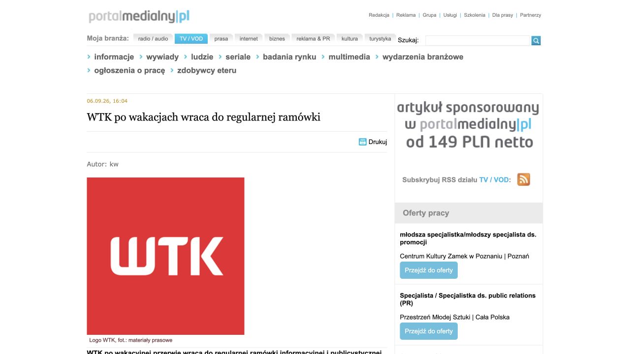 Publikacja: WTK po wakacjach wraca do regularnej ramówki