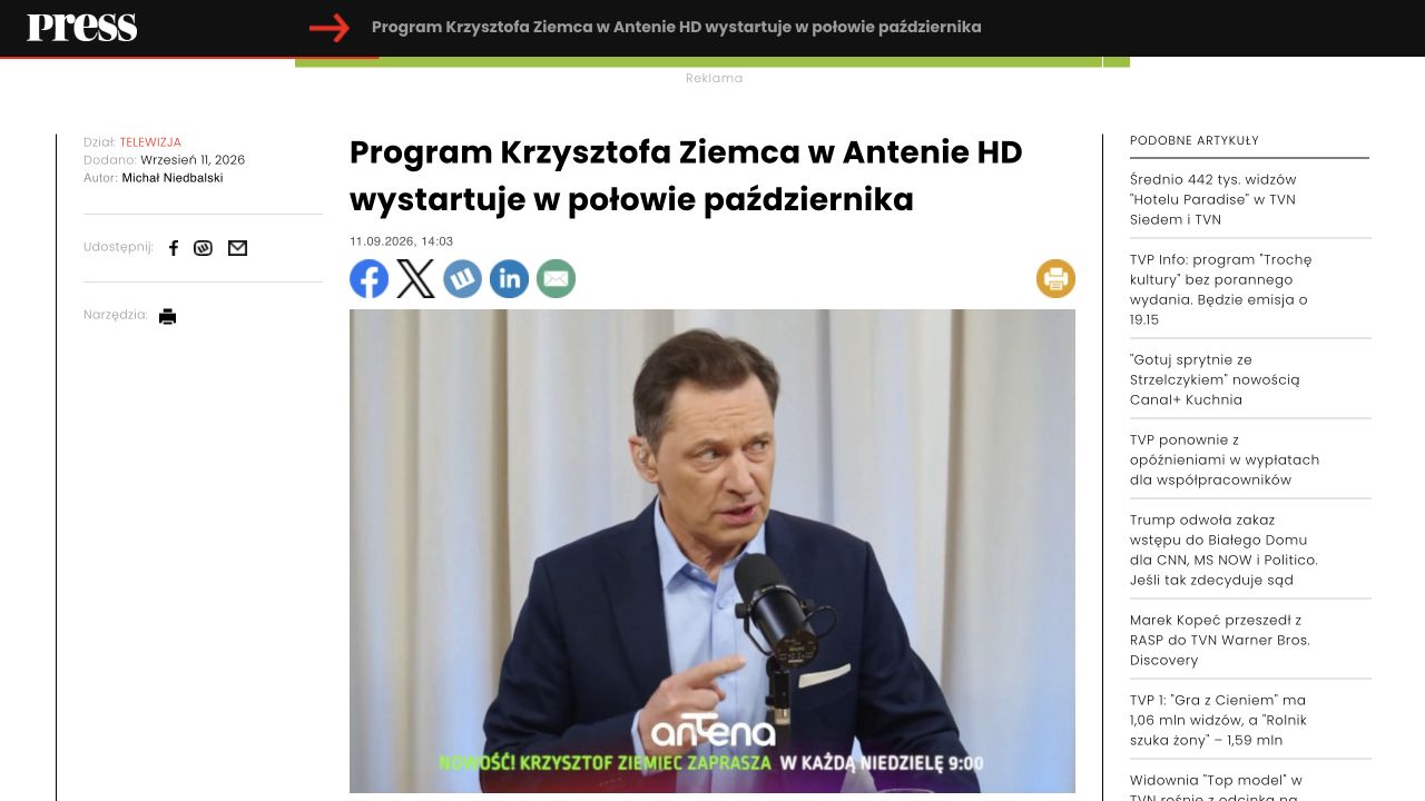 Publikacja: Program Krzysztofa Ziemca w Antenie HD wystartuje w połowie października