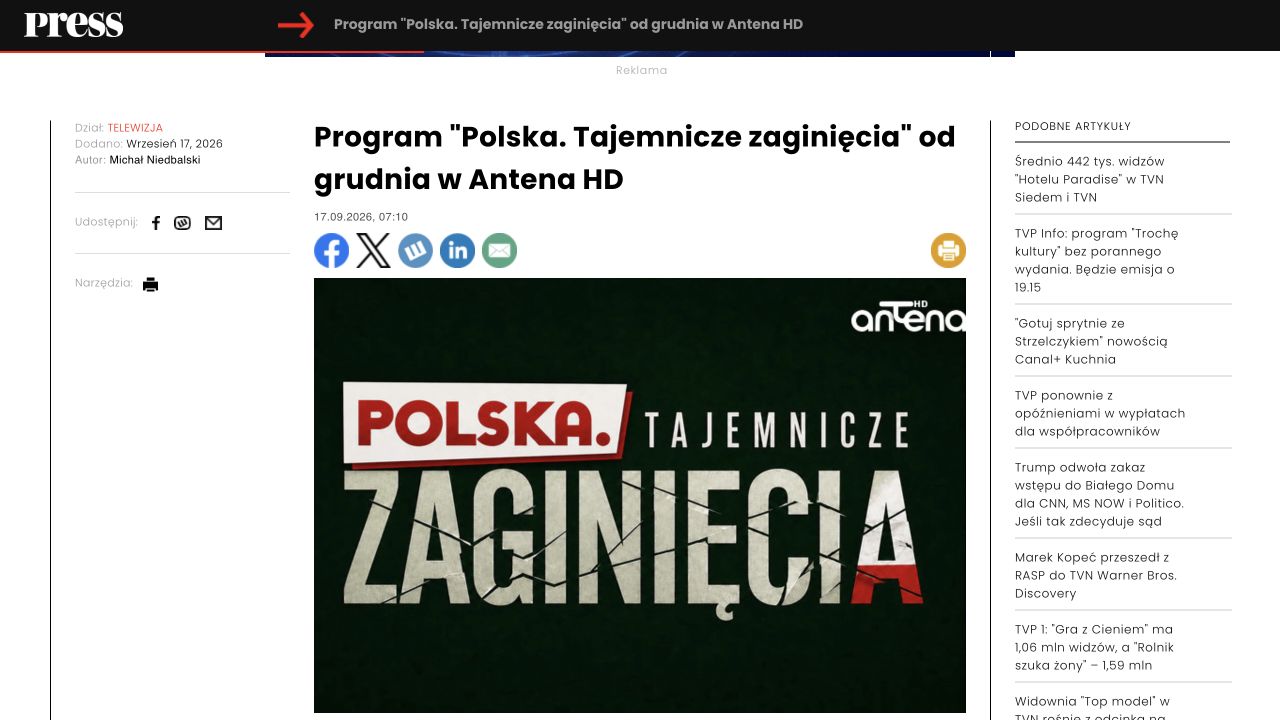 Publikacja: Program „Polska. Tajemnicze zaginięcia” od grudnia w Antena HD