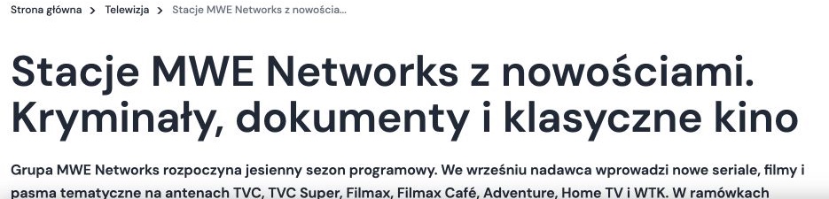 Zrzut ekranu publikacji: Stacje MWE Networks z nowościami. Kryminały, dokumenty i klasyczne kino