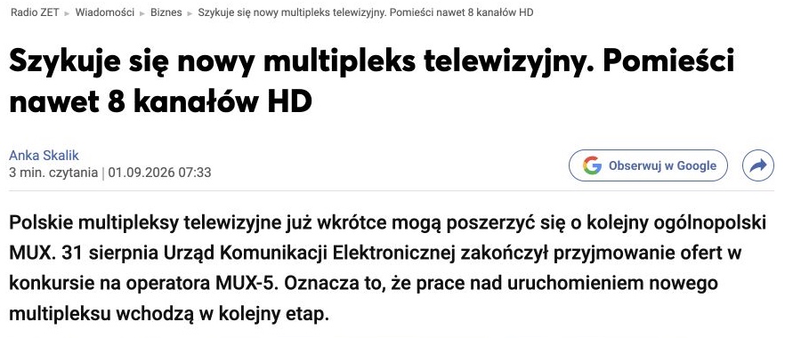 Zrzut ekranu publikacji: Szykuje się nowy multipleks telewizyjny. Pomieści nawet 8 kanałów HD