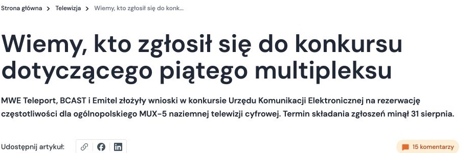 Zrzut ekranu publikacji: Wiemy, kto zgłosił się do konkursu dotyczącego piątego multipleksu