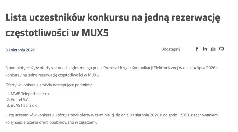 Zrzut ekranu publikacji: Lista uczestników konkursu na jedną rezerwację częstotliwości w MUX5