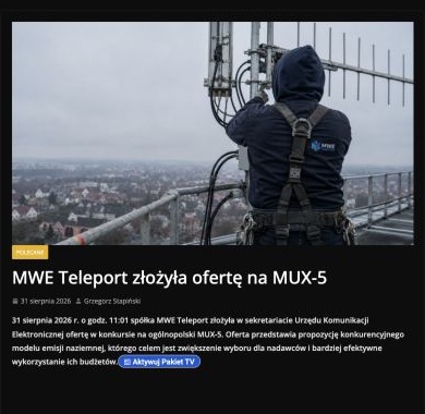 Zrzut ekranu publikacji: MWE Teleport złożyła ofertę na MUX-5
