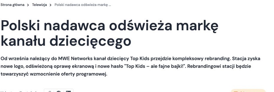 Zrzut ekranu publikacji: Polski nadawca odświeża markę kanału dziecięcego