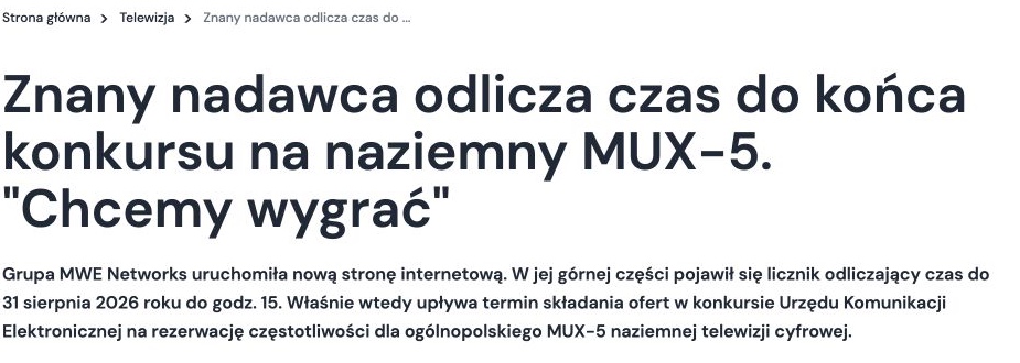 Zrzut ekranu publikacji: Znany nadawca odlicza czas do końca konkursu na naziemny MUX-5. „Chcemy wygrać”