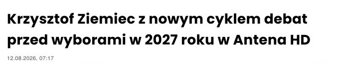 Zrzut ekranu publikacji: Krzysztof Ziemiec z nowym cyklem debat przed wyborami w 2027 roku w Antena HD