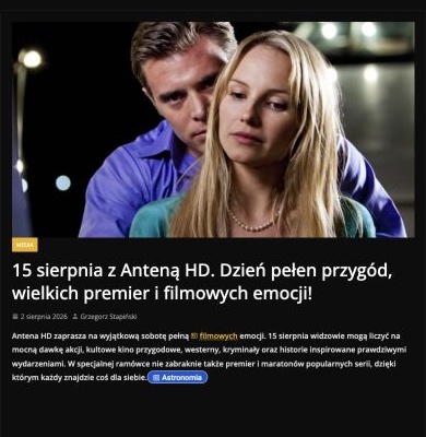 Zrzut ekranu publikacji: 15 sierpnia z Anteną HD. Dzień pełen przygód, wielkich premier i filmowych emocji!