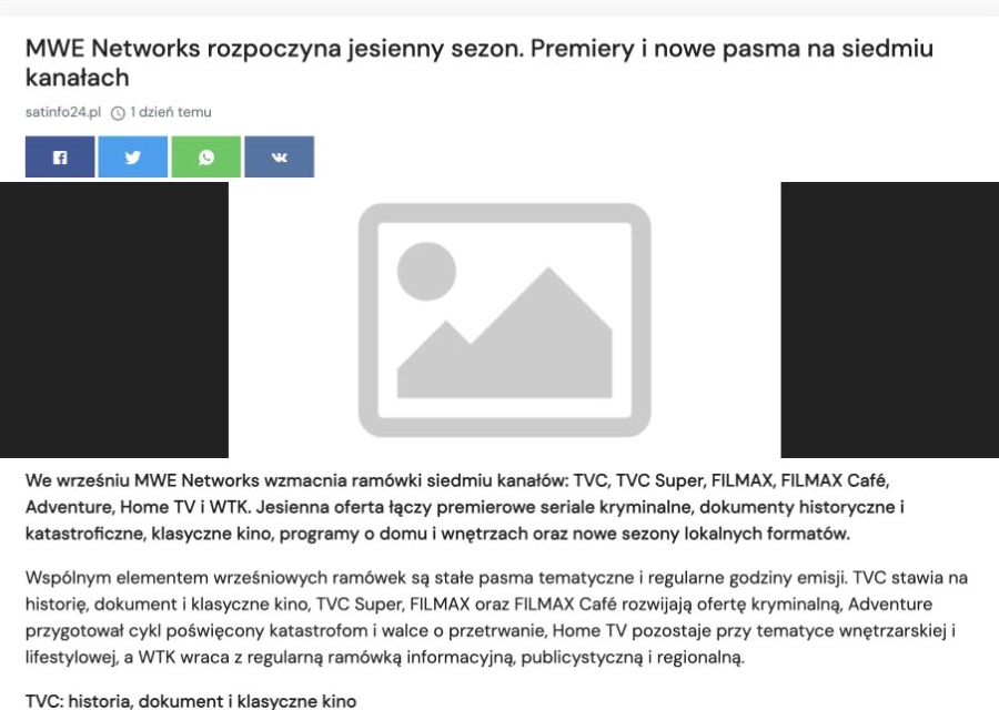 Zrzut ekranu publikacji: MWE Networks rozpoczyna jesienny sezon. Premiery i nowe pasma na siedmiu kanałach