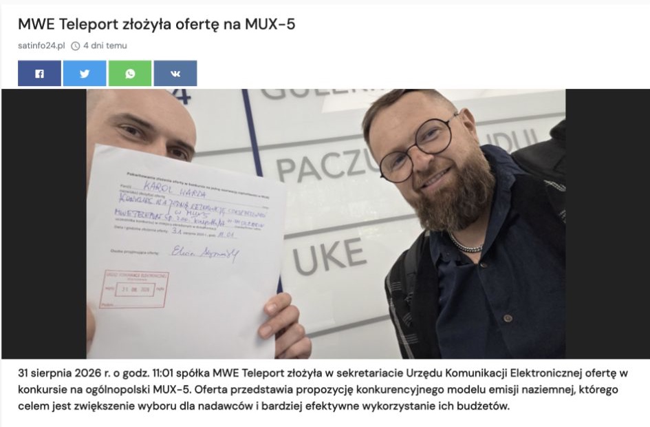 Zrzut ekranu publikacji: MWE Teleport złożyła ofertę na MUX-5