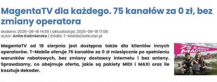 Zrzut ekranu publikacji: MagentaTV dla każdego. 75 kanałów za 0 zł, bez zmiany operatora