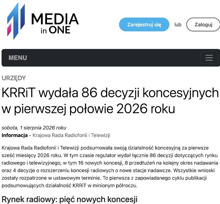 Zrzut ekranu publikacji: KRRiT wydała 86 decyzji koncesyjnych w pierwszej połowie 2026 roku