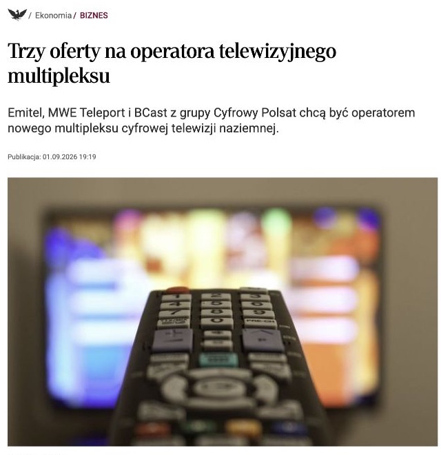 Zrzut ekranu publikacji: Trzy oferty na operatora telewizyjnego multipleksu