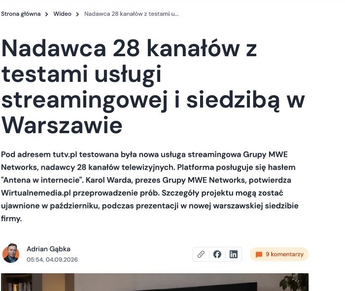 Zrzut ekranu publikacji: Nadawca 28 kanałów z testami usługi streamingowej i siedzibą w Warszawie