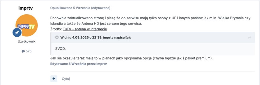 Komentarz: Widzowie omawiają dostępność tutv i rolę Anteny HD