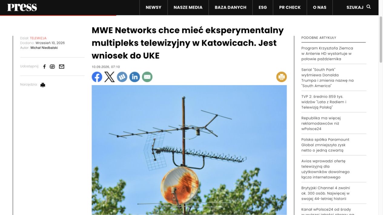 Publikacja: MWE Networks chce mieć eksperymentalny multipleks telewizyjny w Katowicach. Jest wniosek do UKE